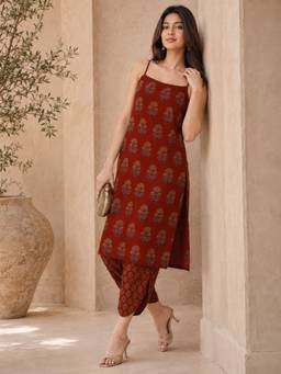 INDO STREET - Maroon Floral Printed Kurta and Pant