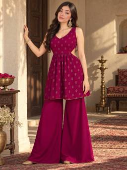 INDO STREET - Wine Floral Printed Kurta and Palazzo