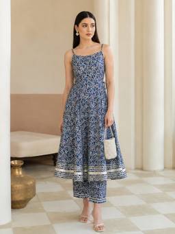 INDO STREET - Blue Floral Printed Anarkali Kurta and Pant