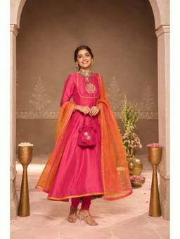 HOUSE OF SHRUSHA - Pink Anarkali Kurta and Chudidar with Dupatta and Potali