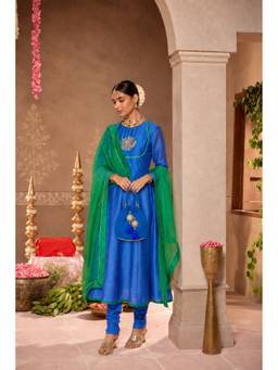 HOUSE OF SHRUSHA - Blue Anarkali Kurta and Chudidar with Dupatta and Potali