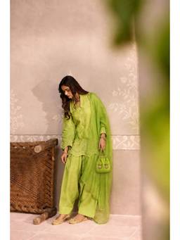 HOUSE OF SHRUSHA - Parrot Green Farsi Salwar and Kurta with Dupatta and Potali