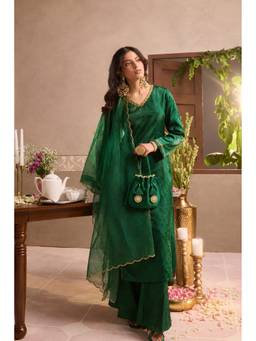 HOUSE OF SHRUSHA - Green Kurta and Palazzo with Dupatta and Potali