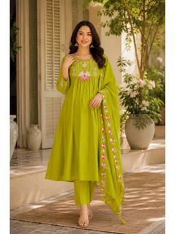 SURILI - Parrot Green Silk Embroidered Anarkali Kurta and Pant with Dupatta