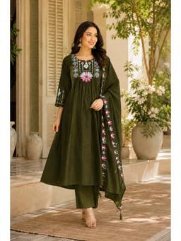 SURILI - Mehndi Green Silk Embroidered Anarkali Kurta and Pant with Dupatta