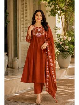 SURILI - Rust Silk Embroidered Anarkali Kurta and Pant with Dupatta