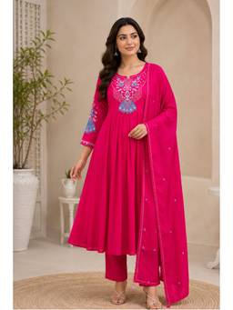 SURILI - Pink Silk Embroidered Anarkali Kurta and Pant with Dupatta