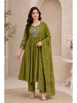 SURILI - Green Silk Embroidered Anarkali Kurta and Pant with Dupatta
