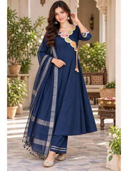 Indi Inside - Navy Blue Embellished Anarkali Kurta with Pant and Dupatta