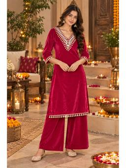 Indi Inside - Pink Velvet Embroidered Kurta with Palazzo