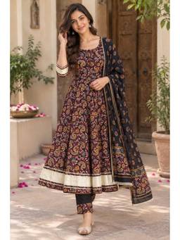 Indi Inside - Black Printed Anarkali Kurta with Pants and Dupatta