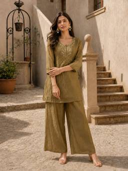 KAFTANIZE - Olive Embroidered Co-ord Set