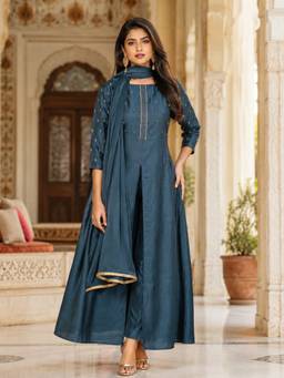 INDO STREET - Navy Blue Printed Anarkali Kurta and Pant with Dupatta