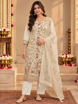 Sindh Fashion - Cream Floral Embroidered Kurta and Pant with Dupatta