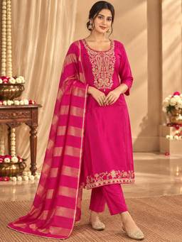 Sindh Fashion - Pink Embroidered Kurta and Pant with Dupatta