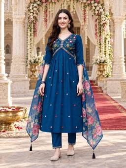 BERRYLICIOUS - Blue Embroidered Kurta and Pant with Dupatta