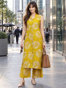 BERRYLICIOUS - Mustard Floral Printed Kurta and Palazzo
