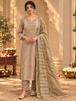 Sindh Fashion - Brown Gold Embroidered Kurta and Pant with Dupatta