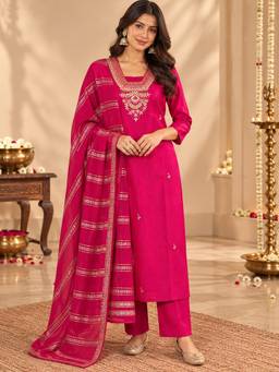 Sindh Fashion - Magenta Embroidered Kurta and Pant with Dupatta