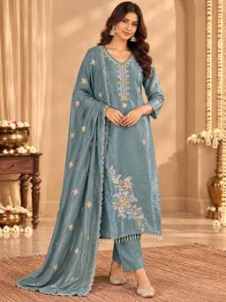 Sindh Fashion - Blue Floral Embroidered Kurta and Pant with Dupatta