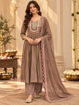 Sindh Fashion - Brown Embroidered Anarkali Kurta and Pant with Dupatta
