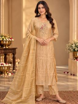 Sindh Fashion - Gold Embroidered Kurta and Pant with Dupatta