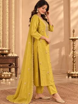 Sindh Fashion - Mustard Embroidered Kurta and Pant with Dupatta