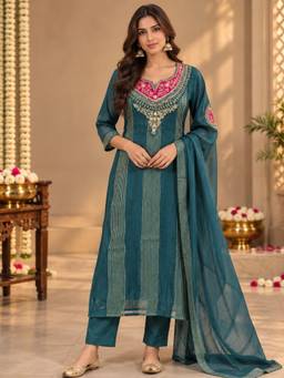Sindh Fashion - Teal Embroidered Kurta and Pant with Dupatta
