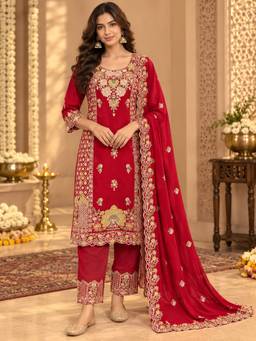 Sindh Fashion - Red Floral Embroidered Kurta and Pant with Dupatta