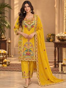 Sindh Fashion - Yellow Floral Embroidered Kurta and Pant with Dupatta