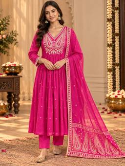 Sindh Fashion - Pink Embroidered Anarkali Kurta and Pant with Dupatta