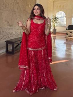 TWINS LADY - Red Printed Kurta and Palazzo with Dupatta