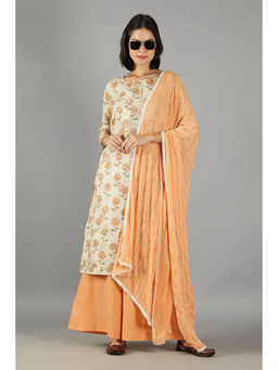 Barara Ethnic - Off White and Orange Floral Straight Palazzo (Set of 3)