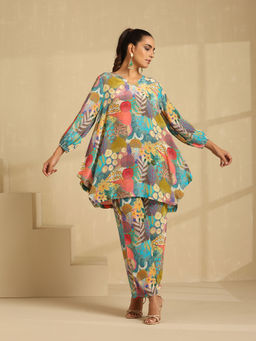 Indy Raaga - Multi-Color Pure Crape Asymmetrical Floral Printed Co-Ord (Set of 2)