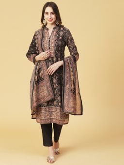 FASHOR - Floral Printed Mirror & Cutdana Embroidered Black Kurta with Pant & Dupatta (Set of 3)