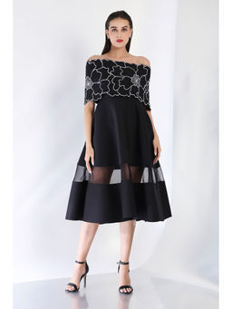 Ozeqo - Black Fit and Flare Embroidered Dress and Wrap