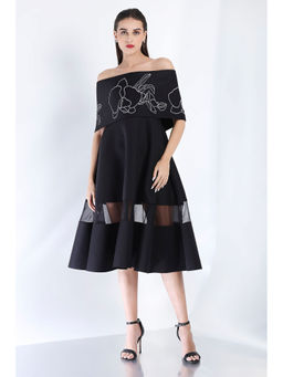 Ozeqo - Black Fit and Flare Embroidered Dress and Wrap