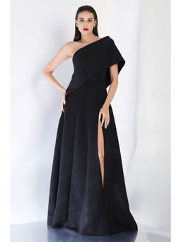 Ozeqo - Black Solid One Shoulder Maxi Dress and Wrap