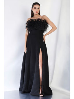 Ozeqo - Black Solid Fur Maxi Dress and Wrap
