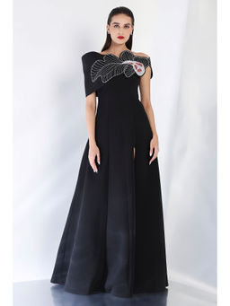Ozeqo - Black Embroidered Maxi Dress and Wrap