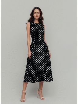 Twenty Dresses by Nykaa Fashion - Polka Dot Print Crepe Fit & Flare Black Midi Dress