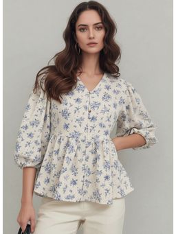 Twenty Dresses by Nykaa Fashion - Floral Printed Puff Sleeves Peplum Top