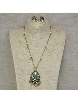 Malaiyyo - Green Enamel Polki Pendant Necklace and Earrings