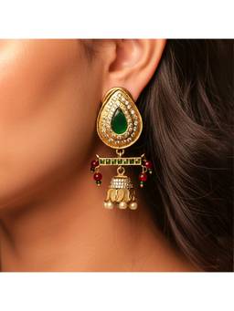 Malaiyyo - 22K Gold Plated Emerald Teardrop Bar Jhumka Earrings