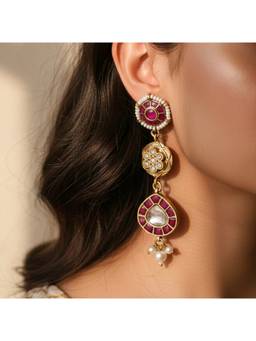 Malaiyyo - 22K Gold Plated Ruby Disc Kundan Drop Earrings