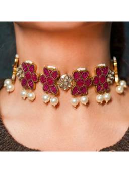 Malaiyyo - 22K Gold Plated Ruby Floral Polki Pearl Choker Necklace with Earring