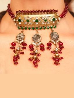 Malaiyyo - 18K Gold Plated Emerald Ruby Polki Antique Choker Necklace with Earring