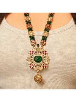 Malaiyyo - 22K Gold Plated Antique Polki Green Pendant Long Necklace with Earrings