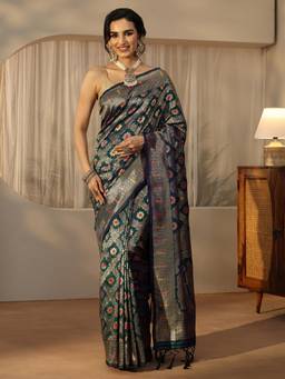 Libas - Peacock Blue Meenakari Banarasi Silk Blend Saree
