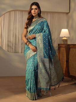 Libas - Blue Floral Woven Design Border And A Blouse Piece